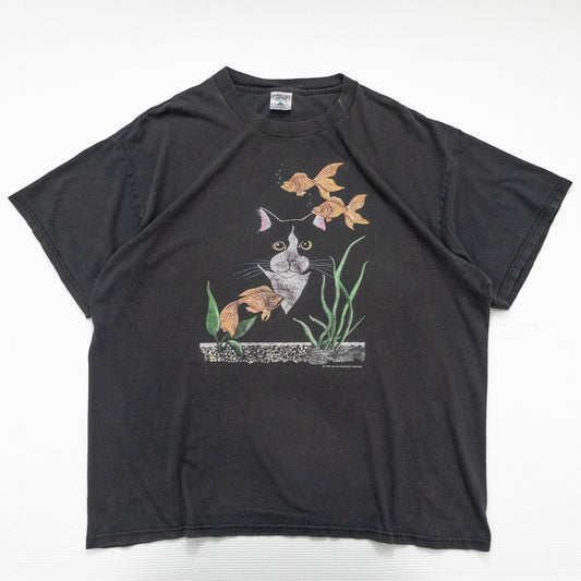 90s アート ”猫と金魚” Tシャツ トップス メンズXL ブラック