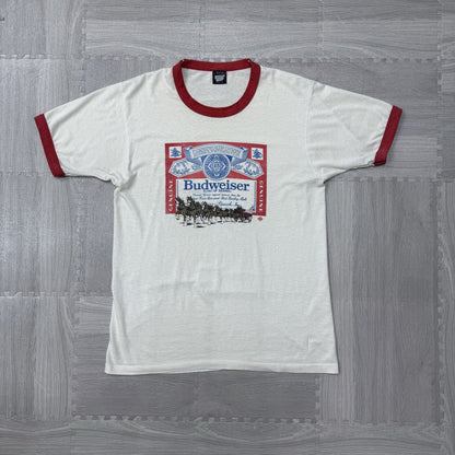 90s SCREEN STARS Budweiser バドワイザー USA製 リンガー Tシャツ トップス  メンズＬ ホワイト