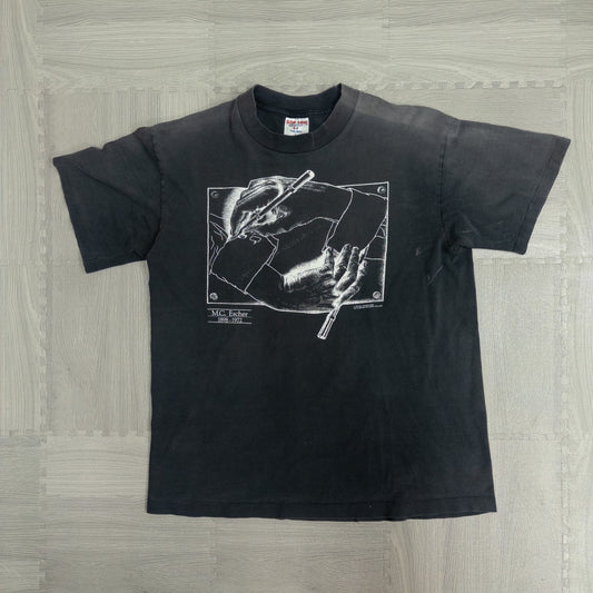 90s SOF TEE M.C.Escher エッシャー ”描く手” アート Tシャツ USA製 トップス メンズL ブラック